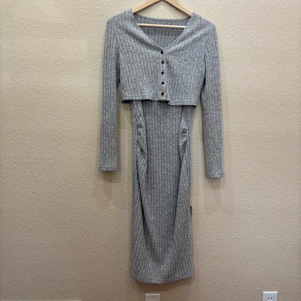 SHEIN Maternity Split Thigh Rib-Knit Cami Dress With Button Up Long Sleeve Cozy - Picture 7 of 14